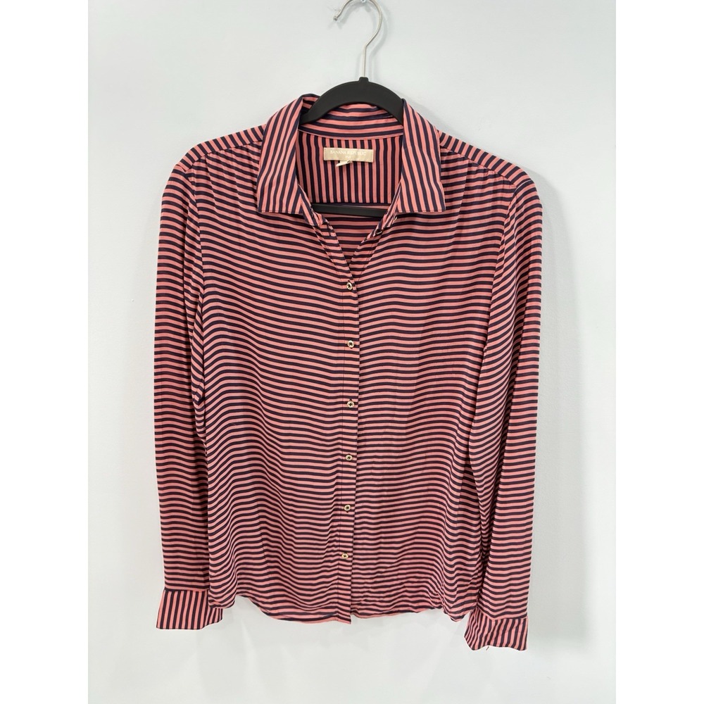Banana Republic Womens 100% Silk Blouse Medium Pink Navy Striped Sheer - Picture 3 of 10